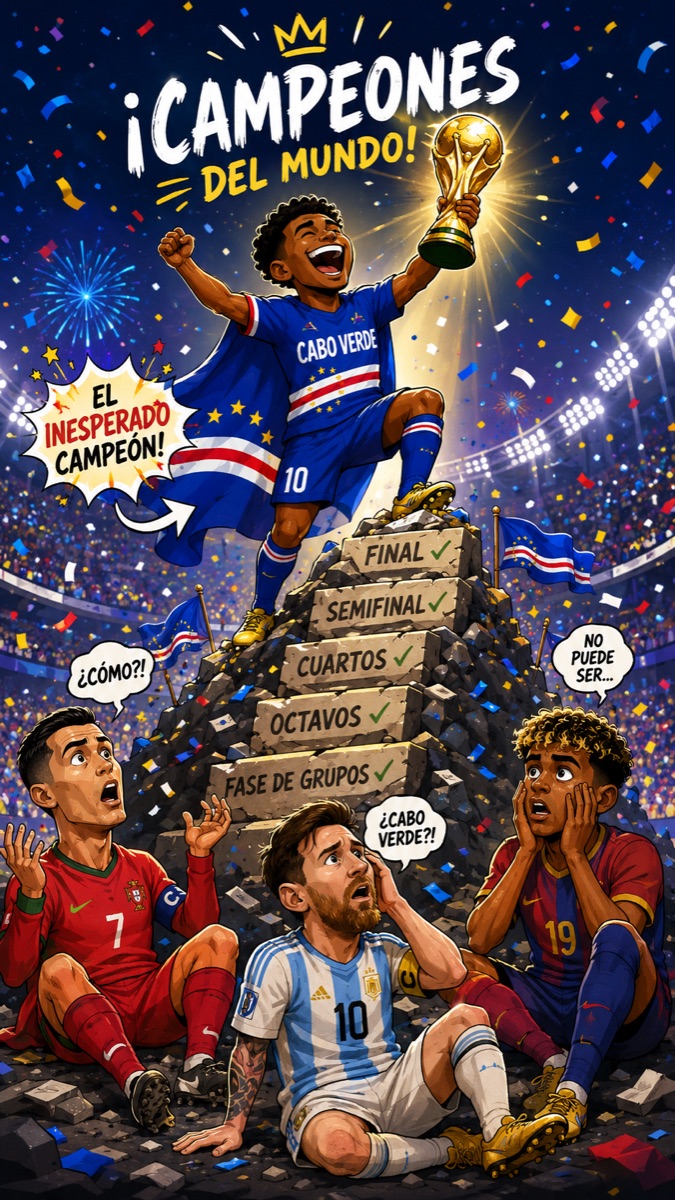 Ilustración: el inesperado campeón levanta la copa del Mundial 2026 sobre la pirámide de rondas, ante la incredulidad de los favoritos